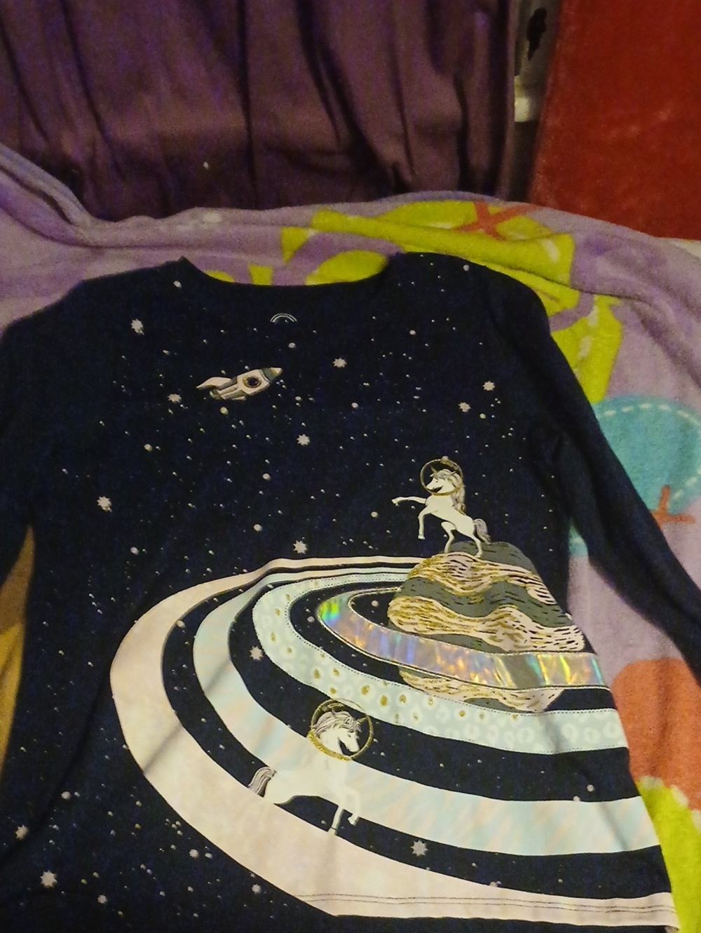 wonder nation Navy Long-Sleeve Top with Iridescent Unicorn & Planet Graphics